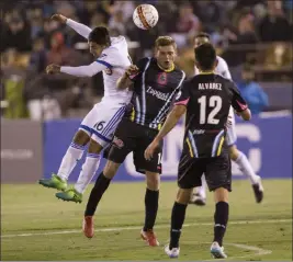  ?? Erik Verduzco ?? Las Vegas Review-journal @Erik_verduzco Montreal’s Jeisson Vargas, white jersey, and Marcelo Alex Mendoza of Lights FC work at heading the ball in the exhibition between the two teams on Saturday, the first game for Las Vegas’ new soccer team at...