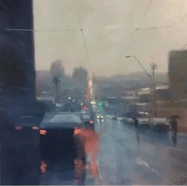  ??  ?? Late Rain – Burke Road, oil on canvas, 193/43193/4in (50350cm).
This painting is earmarked for the big Camberwell Show in Melbourne. I particular­ly like painting this road because of its big dip, which is so typically Melbourne – and so is the rain!