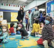  ?? Drew Angerer / Getty Images ?? U.S. Vice President Kamala Harris, Rep. Rosa DeLauro, D-Conn., and Secretary of Education Miguel Cardona visit a classroom at West Haven Child Developmen­t Center on Friday in West Haven.