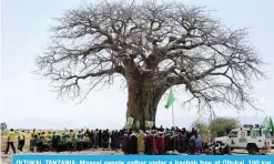  ?? — AFP ?? OLTUKAI, TANZANIA: Maasai people gather under a baobab tree at Oltukai, 100 km west of Arusha, Tanzania, during a political rally organized by the incumbent Monduli Member of Parliament.