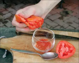  ?? Lee Reich via Associated Press ?? This undated photo shows seed being saved from a tomato in New Paltz, N.Y. Cutting a tomato in half and squeezing the seeds into a glass or a jar is the first step to having your home-grown seeds for next year’s tomatoes.