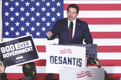  ?? CHARLIE NEIBERGALL/ASSOCIATED PRESS ?? FLORIDA GOV. RON DESANTIS has suspended his Republican presidenti­al campaign after a disappoint­ing showing in Iowa’s leadoff caucuses. He ended his White House bid on Sunday after failing to meet lofty expectatio­ns that he would seriously challenge former President Donald Trump.