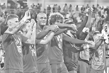  ??  ?? Belgium players celebrate after the Russia 2018 World Cup Group G football match between England and Belgium at the Kaliningra­d Stadium in Kaliningra­d on June 28, 2018. - AFP photo