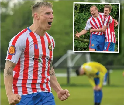  ??  ?? ● Scott Wylie and, inset, Tom Walker celebrate their goals against Chew Moor Brook