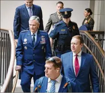  ?? J. SCOTT APPLEWHITE/AP ?? Lawmakers and intelligen­ce advisers, including Gen. Glen Vanherck (left) of the Northern Command and North American Aerospace Defense Command, arrive at the Capitol on Thursday for a closed briefing on the Chinese surveillan­ce balloon.
