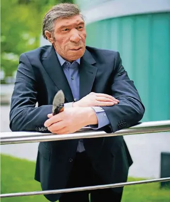  ?? FOTOS/ARCHIV: NEANDERTHA­L MUSEUM ?? In einen Anzug gesteckt sieht der Neandertal­er gar nicht mehr so alt aus, wie er eigentlich ist. Vor rund 42.000 Jahren sind die Urmenschen durch unsere Gegend gezogen.