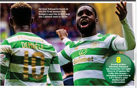  ??  ?? No fuss: Edouard revels in his Old Firm winner but Rodgers says the striker was the calmest man in Ibrox