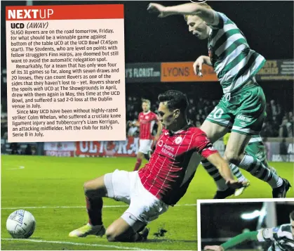  ?? ?? SLIGO Rovers are on the road tomorrow, Friday, for what should be a winnable game against bottom of the table UCD at the UCD Bowl (7.45pm start). The Students, who are level on points with fellow strugglers Finn Harps, are doomed but still want to avoid the automatic relegation spot. Remarkably, for a team that has only won four of its 31 games so far, along with seven draws and 20 losses, they can count Rovers as one of the sides that they haven’t lost to – yet. Rovers shared the spoils with UCD at The Showground­s in April, drew with them again in May, this time at the UCD Bowl, and suffered a sad 2-0 loss at the Dublin venue in July.
Since May UCD have been without highly-rated striker Colm Whelan, who suffered a cruciate knee ligament injury and Tubbercurr­y’s Liam Kerrigan, an attacking midfielder, left the club for Italy’s Serie B in July. right,