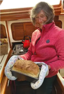  ?? ?? Right: Roz produces her bread, fresh out of the oven. There’s nothing to beat the smell of newly baked bread on board