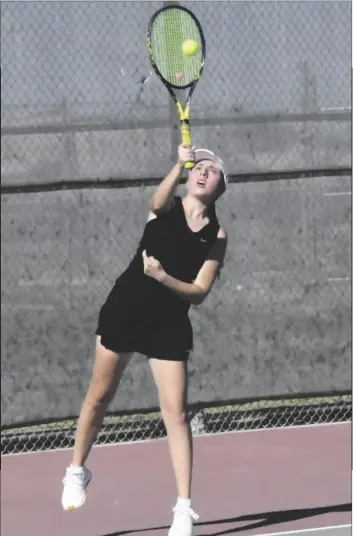  ?? ?? TOP: Cibola No. 1 singles player Sharon Garbooshia­n serves one up during Thursday’s home meet against Maricopa. LEFT: Raiders No. 2 singles player BrieAun Gonzales earned a 6-2, 3-6, 10-7 victory over Maricopa’s Chloe Saysana on Thursday afternoon.