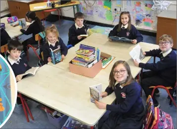  ??  ?? Ms. Starkie’s class reading books in St. Mary’s National School, Knockbridg­e. INSET LEFT: The front cover of ‘The Ickabog’ by J. K. Rowling.