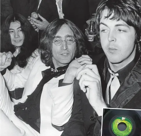  ?? ?? Tensions: Yoko Ono and John Lennon with Paul McCartney. Right, Apple label