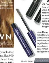  ??  ?? Urban Decay Tinted Brow Tamer ($24) comes in four shades, and its gel-like formula keeps hairs in place without leaving them sticky.