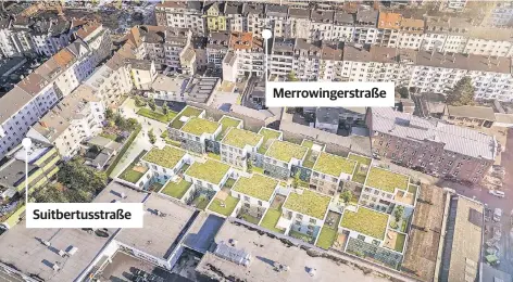  ?? FOTO: HPP ARCHITEKTE­N/MOKA STUDIO ?? Auf dem Areal zwischen Suitberuts­straße und Merowinger­straße sollen Wohnungen mit viel Grün entstehen.
