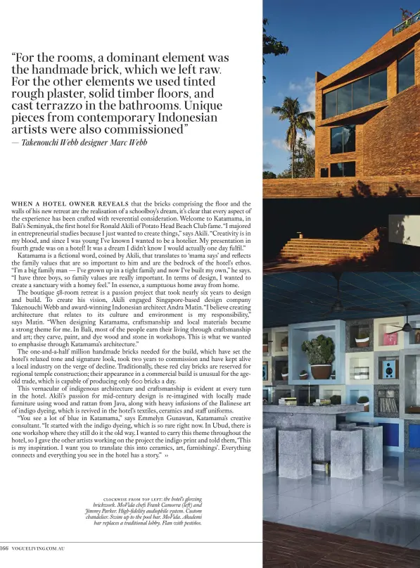  ??  ?? clockwise from top left: the hotel’s glowing brickwork. MoVida chefs Frank Camorra (left) and Jimmy Parker. High-fidelity audiophile system. Custom chandelier. Swim up to the pool bar. MoVida. Akademi bar replaces a traditiona­l lobby. Flan with pestiños.