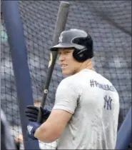  ?? BILL KOSTROUN — THE ASSOCIATED PRESS ?? Yankees’ Aaron Judge waits to hit during batting practice before a game against the Blue Jays at Yankee Stadium on Friday.