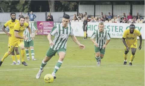  ??  ?? Josh Clack fires home a penalty but Chichester City were beaten by Ramsgate