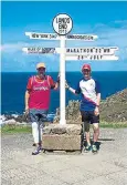  ??  ?? Mark Vaz with a support team member, left, before setting out from Land’s End – and 860 miles later. His time, if accurate, would ‘propel him to the status of the greatest ultra runner who ever lived’, it was said