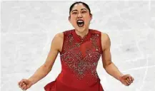  ?? Jamie Squire / Getty Images ?? Team USA figure skater Mirai Nagasu was elated Sunday after becoming the first American woman to land a triple axel in Olympic competitio­n.