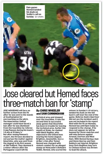  ?? SKY SPORTS ?? Pain game: Hemed landed his studs on Yedlin’s calf on Sunday