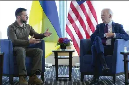  ?? SUSAN WALSH — THE ASSOCIATED PRESS ?? President Joe Biden, right, meets with Ukrainian President Volodymyr Zelenskyy on the sidelines of the G7 Summit in Hiroshima, Japan, on Sunday.
