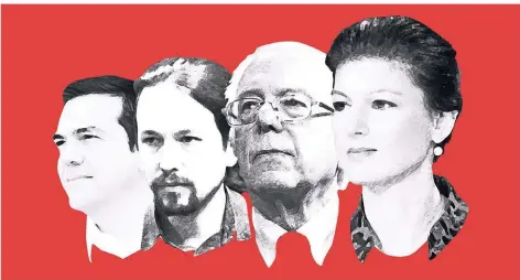  ?? FOTOS: DPA/MONTAGE: FERL ?? Vorbilder? Brüder im Geiste? Sahra Wagenknech­t und Linke aus aller Welt (v.l.): Alexis Tsipras von Syriza aus Griechenla­nd, Pablo Iglesias von Podemos aus Spanien und Bernie Sanders aus den USA, der Hillary Clinton im Kampf um die...