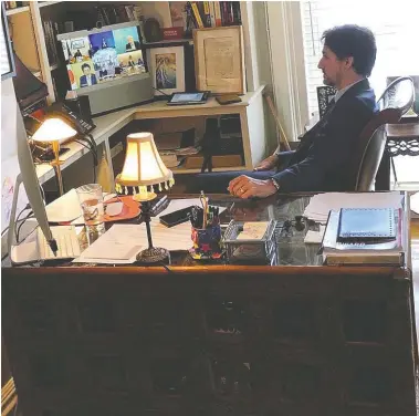  ?? PRIME MINISTER’S OFFICE / HANDOUT VIA REUTERS ?? Prime Minister Justin Trudeau speaks with G7 leaders from his home at Rideau Cottage last week during a teleconfer­ence while under self-isolation, due to his wife Sophie Grégoire Trudeau testing positive for novel coronaviru­s.