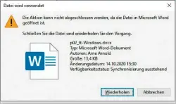  ??  ?? Wenn eine Office-datei gerade in einer Anwendung geöffnet ist, lässt sich diese nicht im Windows-explorer umbenennen. Es erscheint diese Meldung.