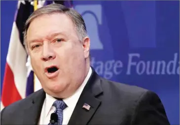  ?? WIN MCNAMEE/GETTY IMAGES/AFP ?? US Secretary of State Mike Pompeo speaks at the Heritage Foundation on Monday in Washington, DC. Pompeo spoke on the topic of ‘After the Deal: A New Iran Strategy’.