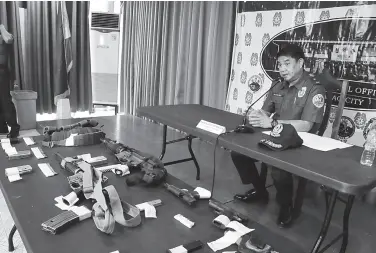  ??  ?? POLICE Regional director Brig. Gen. Marcelo Morales answer questions during the press conference on Saturday on the arrested six suspects with high powered firearms in pursuit operation Friday night in Tagum City. BING GONZALES