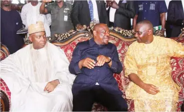  ?? Rivers State Governor, Nyesom Ezenwo Wike (middle), Senate President Bukola Saraki (left) and Senator Magnus Abe, during the Thanksgivi­ng Service in honor of elected APC National and State Assembly members in Port Harcourt on Saturday. PHOTO: Simeon Nwaka ??