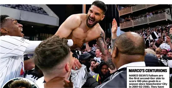  ?? PA/REX ?? Kings of the Championsh­ip: record-breaker Mitrovic surfs the crowd and Cairney can’t stop beaming (left)