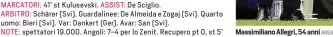  ?? NOTE: ANSA ?? MARCATORI: 41’ st Kulusevski. ASSIST: De Sciglio.
ARBITRO: Schärer (Svi). Guardaline­e: De Almeida e Zogaj (Svi). Quarto uomo: Bieri (Svi). Var: Dankert (Ger). Avar: San (Svi).
spettatori 19.000. Angoli: 7-4 per lo Zenit. Recupero pt 0, st 5’
Massimilia­no Allegri, 54 anni