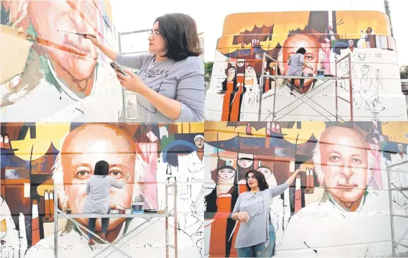  ?? — AFP photos ?? Combinatio­n photo of Majed working on a mural depicting Iraqi poet Muzzafar al-Nawab on a concrete structure in the capital Baghdad. Majed is transformi­ng Baghdad’s concrete jungle into a colourfill­ed city with murals depicting well-known figures from the war-scarred country and abroad. The capital’s mayor Alaa Maan launched the initiative nine months ago to “bring beauty to the city and move art to the streets in order to get rid of the grey and dusty colours” that hang over it.