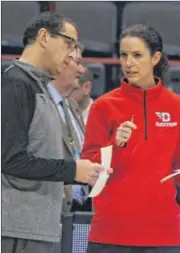  ?? DAVID JABLONSKI / STAFF ?? Dayton coach Jim Jabir and assistant coach Shauna Green are confident their Flyers match up well with this afternoon’s Sweet 16 opponent, the 27-6 Louisville Cardinals.