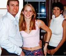  ??  ?? Virginia Roberts at 17 with Andrew and Ghislaine Maxwell at Miss Maxwell’s London home in 2001