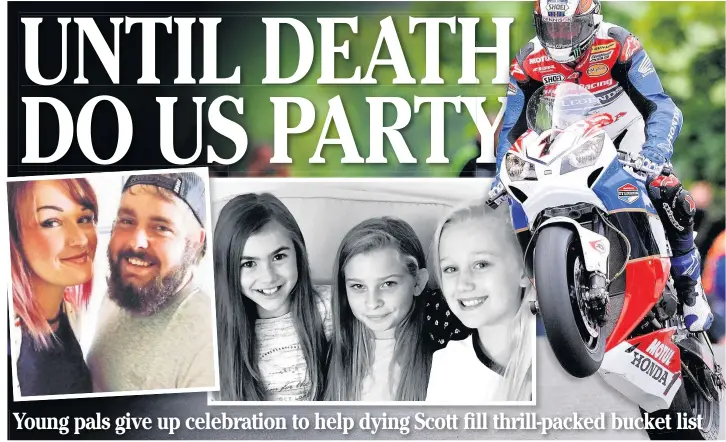  ??  ?? Petrol-head Scott Richards, pictured left with partner Laura-Jayne Williams, is planning a trip to the Isle of Man TT races with a little help from big-hearted schoolgirl­s Megan Tinning, Tilly Luke and Ellie Woodhall, inset centre