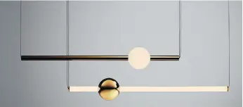  ?? ARTHUR WOODCROFT/LEE BROOM ?? The Orion Tube and Orion Globe lights hung horizontal­ly are part of Lee Broom’s Observator­y collection, which evokes a celestial theme that other designers are also embracing.