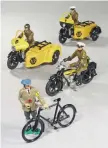  ??  ?? ▲ The good old toy soldier scale of 1/32 served us well and still makes an attractive display, biker or no. Moultoys made its sidecars detachable and look to have been the first road patrol combinatio­ns in this size. Britains did a considerab­le and varied range and brought the genre into our diecast world - the earliest issues were without riders, had individual artwork for each marque and had the scale in the small print. Autocraft reversed the technology and majored on classic commercial combinatio­ns. Its AA group also included an early solo machine and one of the earliest cycle scouts of 1905, John Drew,