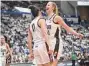  ?? Tyler Sizemore/Hearst Connecticu­t Media ?? UConn’s Lou Lopez Senechal, left, and Dorka Juhasz celebrate in No. 1 South Carolina’s 81-77 win over No. 5 UConn on Sunday in Hartford.