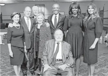  ?? Paul Morse / Office of President George H.W. Bush ?? A photo released Sunday shows former President George H.W. Bush and past presidents and first ladies George W. and Laura Bush, Bill and Hillary Clinton, Barack and Michelle Obama and current first lady Melania Trump at the Houston funeral service for...