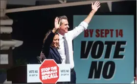  ?? (AP/Noah Berger) ?? Vice President Kamala Harris joins California Gov. Gavin Newsom at a rally against the California gubernator­ial recall election on Wednesday in San Leandro, Calif.