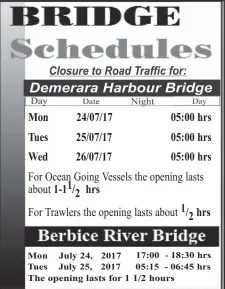  ??  ?? Mon Tues Wed Mon Tues 24/07/17 25/07/17 26/07/17 1-11/2 hrs July 24, 2017 July 25, 2017 05:00 hrs 05:00 hrs 05:00 hrs 1/2 hrs 17:00 - 18:30 hrs 05:15 - 06:45 hrs