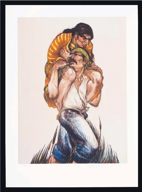  ?? COURTESY OF THE ALBUQUERQU­E MUSEUM ?? “Border Crossing,” 1987 by Luis Jiménez. Lithograph with chine collé on paper.