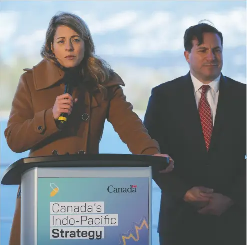  ?? DARRYL DYCK / THE CANADIAN PRESS ?? Foreign Affairs Minister Mélanie Joly and Public Safety Minister Marco Mendicino announce Canada’s Indo-pacific strategy on Sunday, a plan billed as crucial for Canada’s national security and climate as well as its economic goals.