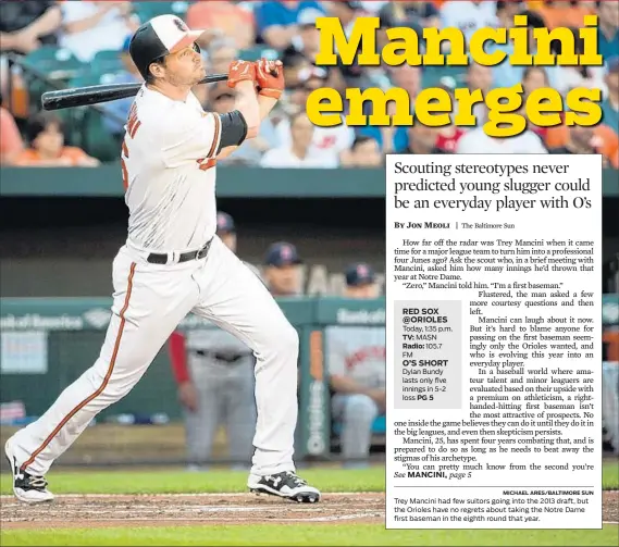  ?? MICHAEL ARES/BALTIMORE SUN ?? Today, 1:35 p.m. TV: MASN Radio: 105.7 FM Dylan Bundy lasts only five innings in 5-2 loss PG5 Trey Mancini had few suitors going into the 2013 draft, but the Orioles have no regrets about taking the Notre Dame first baseman in the eighth round that year.