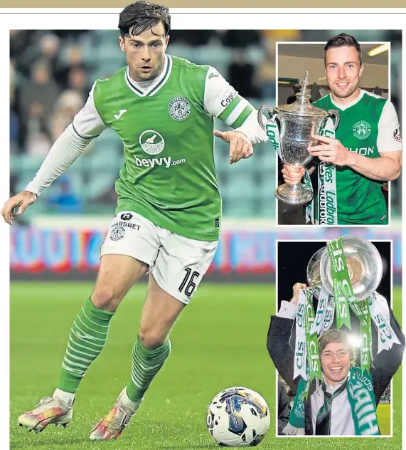  ?? ?? Lewis Stevenson in action for Hibs and with the 2017 Championsh­ip trophy, top right, and CIS Insurance Cup in 2007, above.