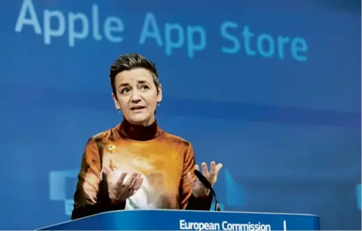  ?? GEERT VANDEN WIJNGAERT/ASSOCIATED PRESS ?? EU Commission vice president Margrethe Vestager said Apple abused its dominant position in music streaming services through its App Store.