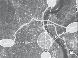  ?? DEPARTMENT OF TRANSPORTA­TION ?? BUILDING TUNNELS that move I-84 and I-91 beneath Hartford is a possible option as the state replaces the aging highways in the city. This conceptual image from the state Department of Transporta­tion shows the current paths of I-84 and I-91, in the solid lines, and the potential undergroun­d paths, in dotted lines, with the two highways crossing well south of Hartford’s downtown and their current abovegroun­d intersecti­on.