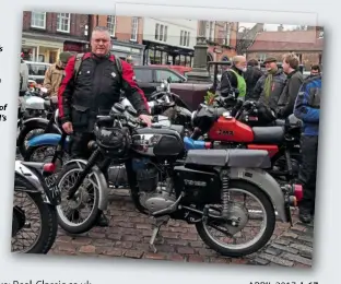  ??  ?? Left: The lights – 6V – are a little marginal by today’s standards, so problems earthing them do not help in any way
Right: A gathering of the (MZ) clan. Nigel’s TS125 at the 2016 New Year VMCC gathering at Leek